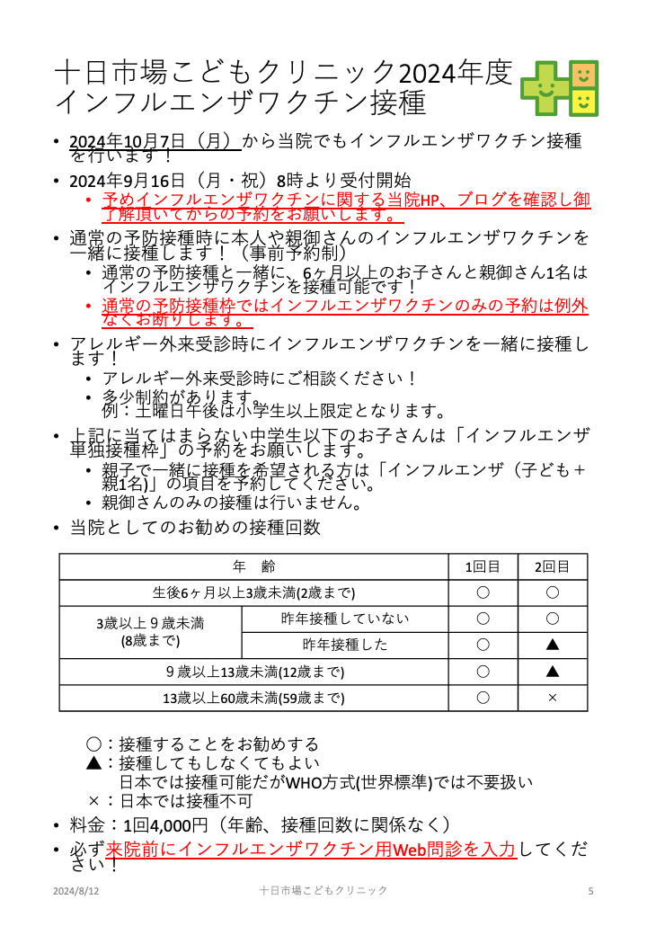 2024年インフルエンザワクチン接種につきまして（まとめ）
